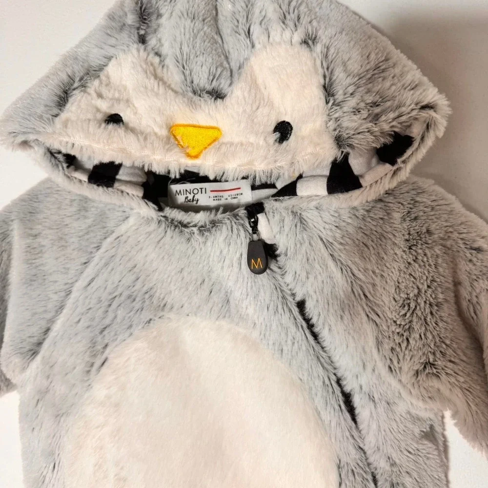 Minoti Baby unisex gray penguin Fuzzy Snowsuit Size 3-6 Months